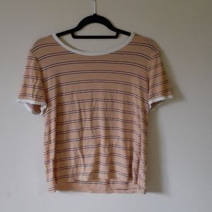 yellow shirt with maroon and white stripes